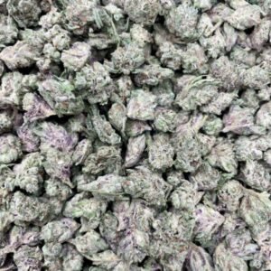 A premium wholesale bulk bag containing one pound of dense, frosty Grape Lemon Pie Smalls exotic cannabis flower buds