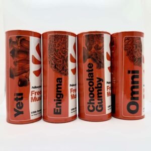 Capital Flights custom-branded 3.5g bag containing premium freeze-dried mushroom caps with custom hand-inked strain illustrations